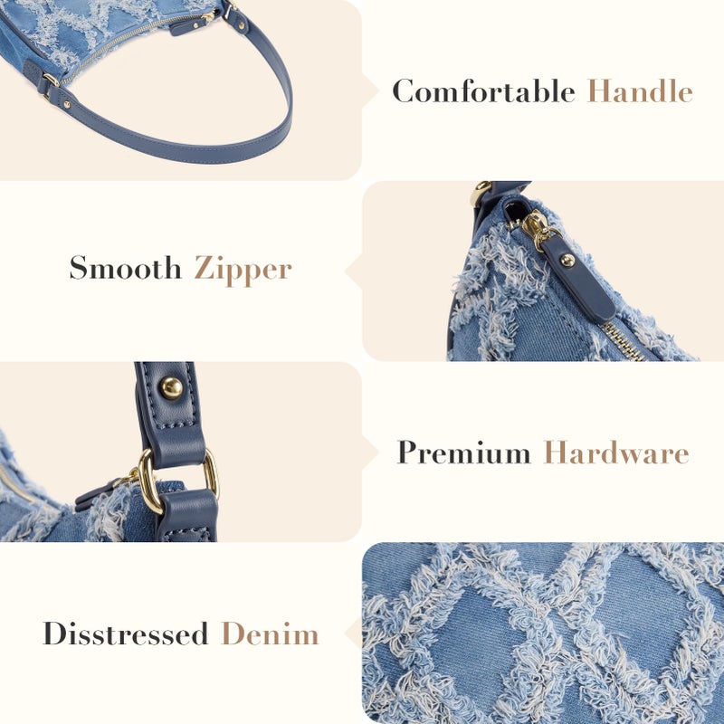 Missnine Fringe Denim Purse Hobo Handbag for Women Jean Clutch Purse Crescent Shoulder Bags Small Distressed Mini Tote Bag Blue - Image 4