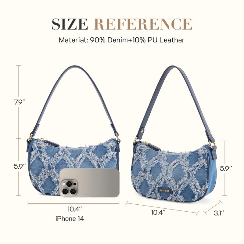 Missnine Fringe Denim Purse Hobo Handbag for Women Jean Clutch Purse Crescent Shoulder Bags Small Distressed Mini Tote Bag Blue - Image 5