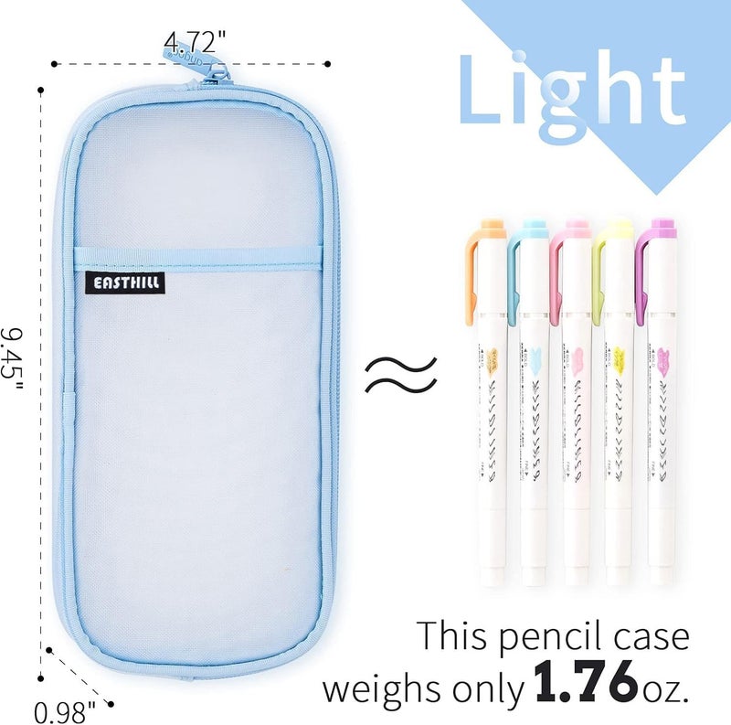 EASTHILL Grid Mesh Pen Pencil Case with Zipper Clear Makeup Color Pouch Cosmetics Bag Multi-Purpose Travel School Teen Girls Transparent Stationary Bag Office Organizer Box for Adluts(Blue) - Image 4