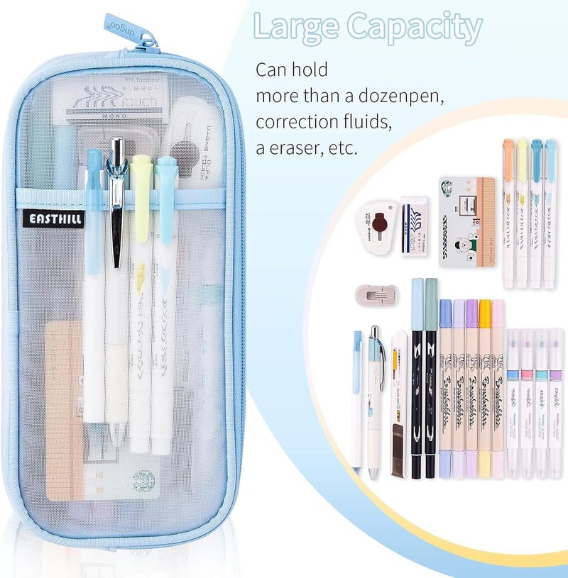 EASTHILL Grid Mesh Pen Pencil Case with Zipper Clear Makeup Color Pouch Cosmetics Bag Multi-Purpose Travel School Teen Girls Transparent Stationary Bag Office Organizer Box for Adluts(Blue) - Image 3