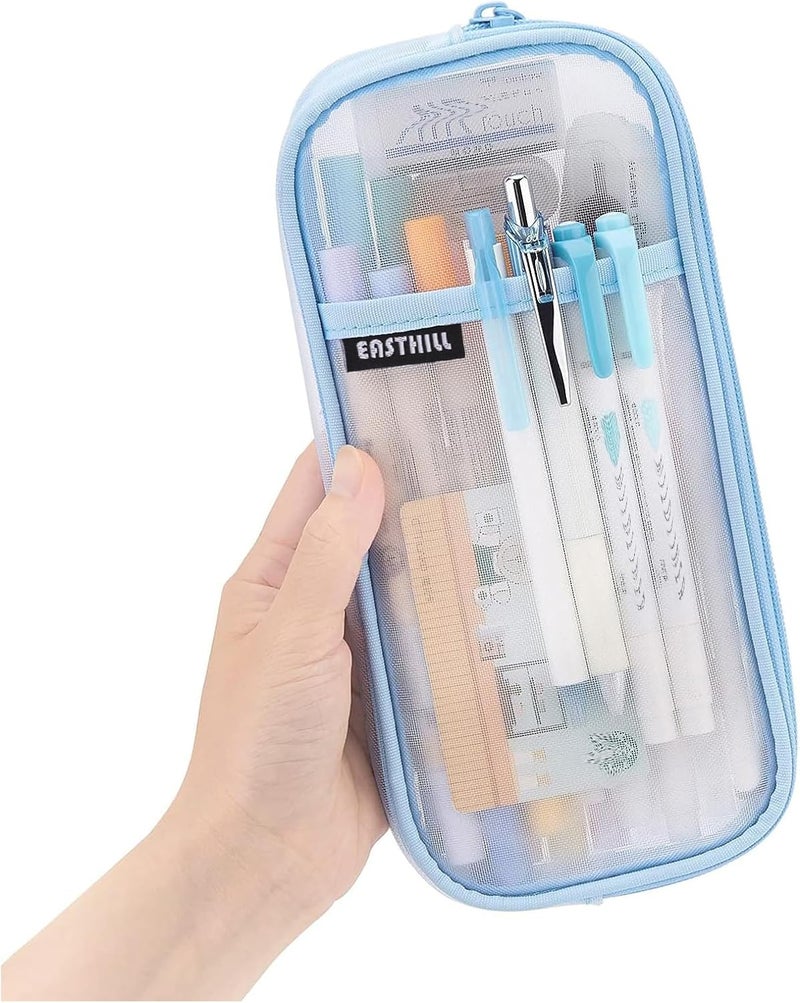 EASTHILL Grid Mesh Pen Pencil Case with Zipper Clear Makeup Color Pouch Cosmetics Bag Multi-Purpose Travel School Teen Girls Transparent Stationary Bag Office Organizer Box for Adluts(Blue) - Image 1