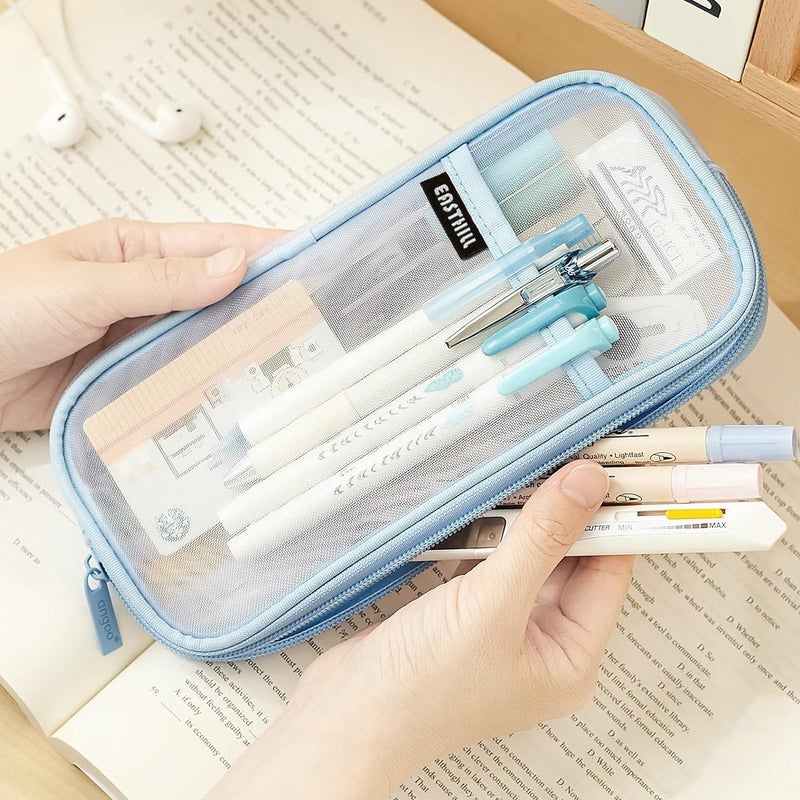 EASTHILL Grid Mesh Pen Pencil Case with Zipper Clear Makeup Color Pouch Cosmetics Bag Multi-Purpose Travel School Teen Girls Transparent Stationary Bag Office Organizer Box for Adluts(Blue) - Image 2