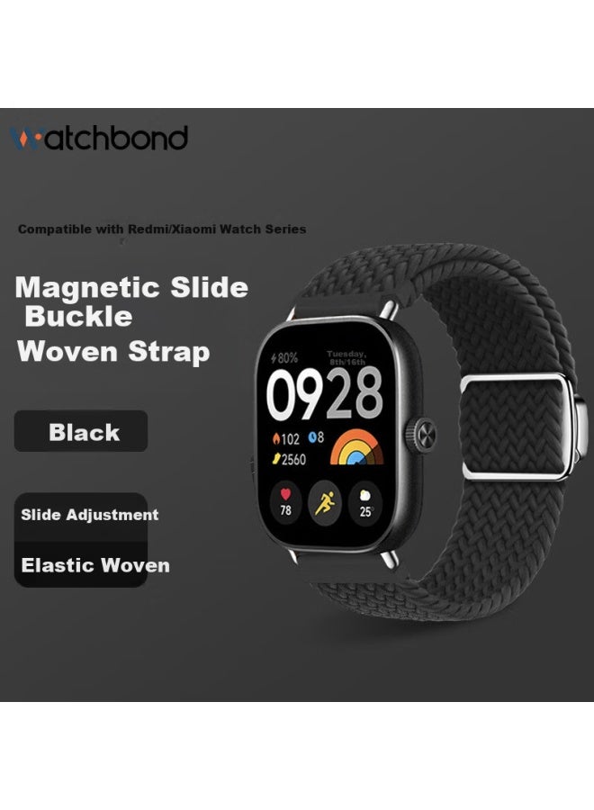 watchbond سوار Watchbond متوافق مع ساعة Redmi 6/5 حزام مغناطيسي منسوج مع مشبك للرجال لساعة Xiaomi Mi Band 9 Pro/8 Pro/ساعة Redmi 4 باللون الأسود - Image 2