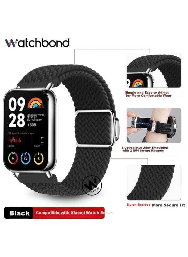 watchbond سوار Watchbond متوافق مع ساعة Redmi 6/5 حزام مغناطيسي منسوج مع مشبك للرجال لساعة Xiaomi Mi Band 9 Pro/8 Pro/ساعة Redmi 4 باللون الأسود - Image 1