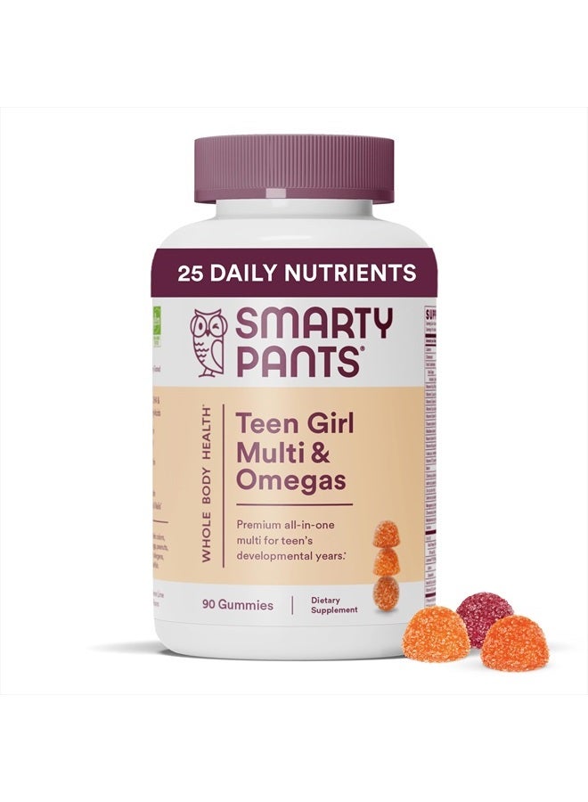 SmartyPants Teen Girl Multivitamin Gummies: Omega 3 Fish Oil (EPA/DHA), Vitamin C, D3, B12, Vitamin A, K & Zinc, Gluten Free, Includes Biotin to Support Hair, Skin & Nails, 90 Count (22 Day Supply)  - Image 1