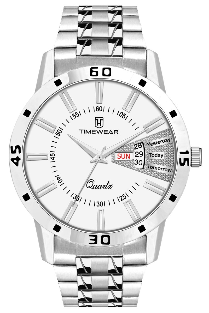 TIMEWEAR Stainless Steel Casual Day Date Watch Collection For Men Analogue Men Watch(White Dial & Silver Colored Strap)-230Wdtg, Silver Band - Image 4