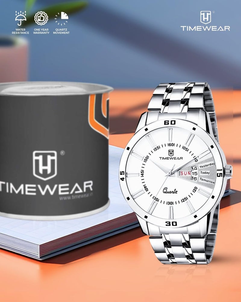 TIMEWEAR Stainless Steel Casual Day Date Watch Collection For Men Analogue Men Watch(White Dial & Silver Colored Strap)-230Wdtg, Silver Band - Image 2