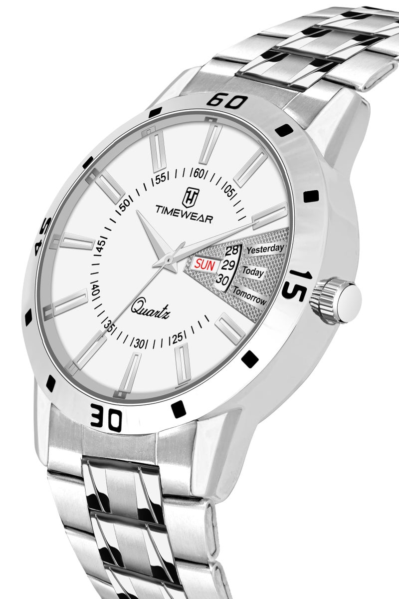 TIMEWEAR Stainless Steel Casual Day Date Watch Collection For Men Analogue Men Watch(White Dial & Silver Colored Strap)-230Wdtg, Silver Band - Image 5