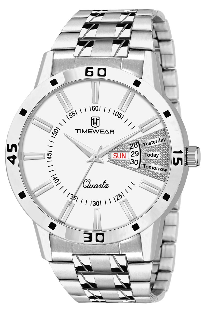 TIMEWEAR Stainless Steel Casual Day Date Watch Collection For Men Analogue Men Watch(White Dial & Silver Colored Strap)-230Wdtg, Silver Band - Image 1