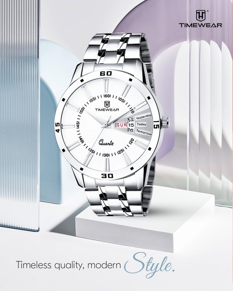 TIMEWEAR Stainless Steel Casual Day Date Watch Collection For Men Analogue Men Watch(White Dial & Silver Colored Strap)-230Wdtg, Silver Band - Image 3