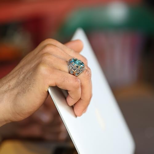 Babylon Silver Genuine Solid 925 Sterling Silver Ring for Men Accented with bronze, Faceted Simulated Aquamarine Stone, Authentic Vintage Turkish Ottoman Style (Aquamarine, 13) - Image 2