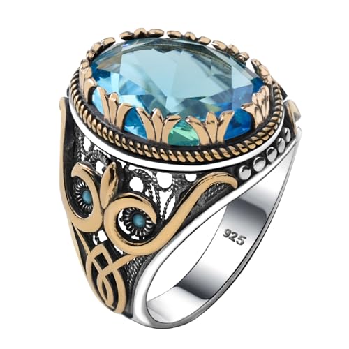 Babylon Silver Genuine Solid 925 Sterling Silver Ring for Men Accented with bronze, Faceted Simulated Aquamarine Stone, Authentic Vintage Turkish Ottoman Style (Aquamarine, 13) - Image 1