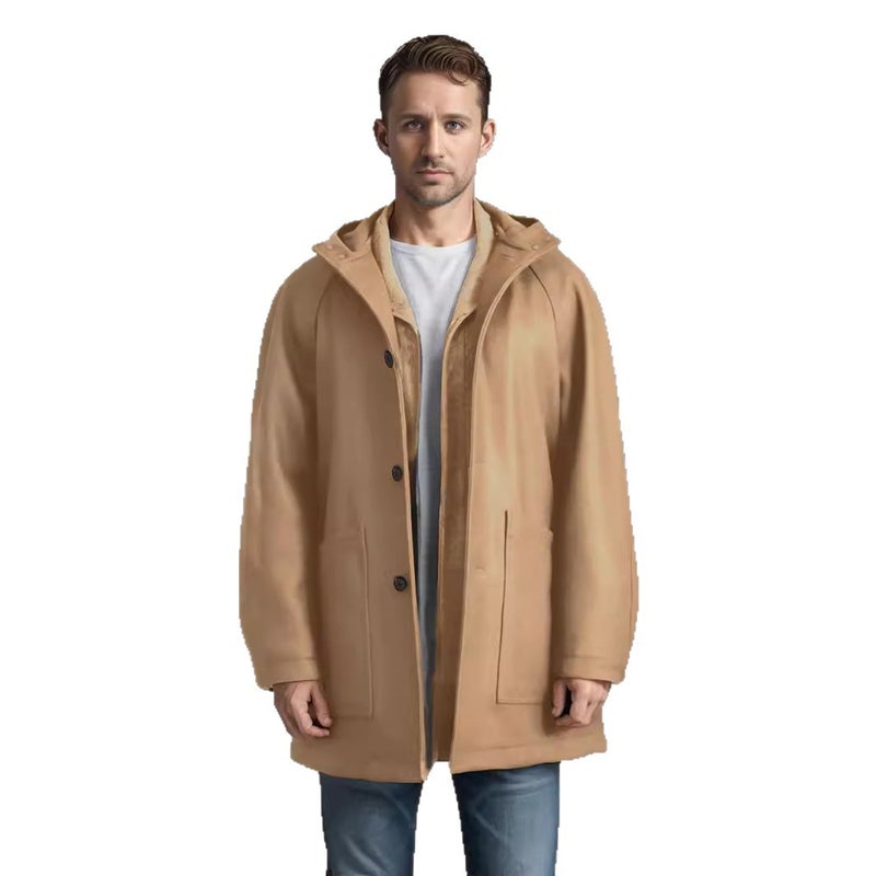 Men's Hooded Raglan Sleeve Wool Coat with Single Breasted Button and Large Pockets - Image 4