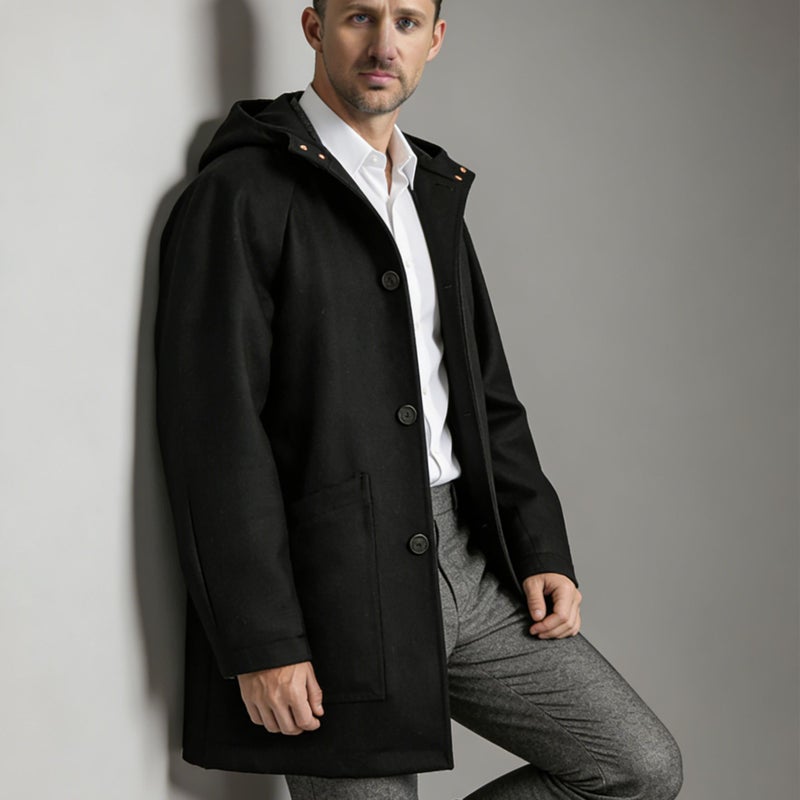 Men's Hooded Raglan Sleeve Wool Coat with Single Breasted Button and Large Pockets - Image 2
