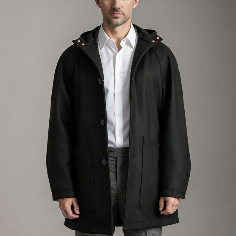 Men's Hooded Raglan Sleeve Wool Coat with Single Breasted Button and Large Pockets - Image 3