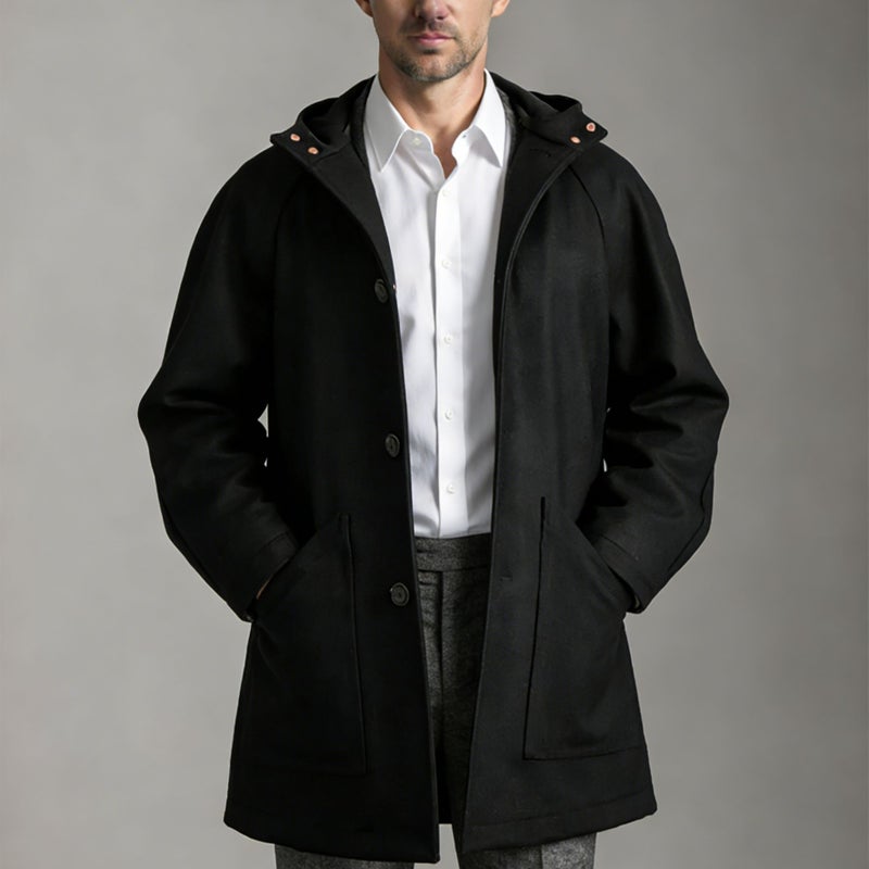 Men's Hooded Raglan Sleeve Wool Coat with Single Breasted Button and Large Pockets - Image 1