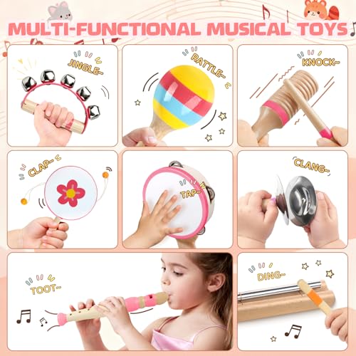 Rmischolar Baby Musical Instruments Montessori Musical Toys for Toddlers 13 Wooden Percussion Instruments Set Kids Preschool Educational Music Learning Toys Birthday Gifts for Boys Girls Pink - Image 5