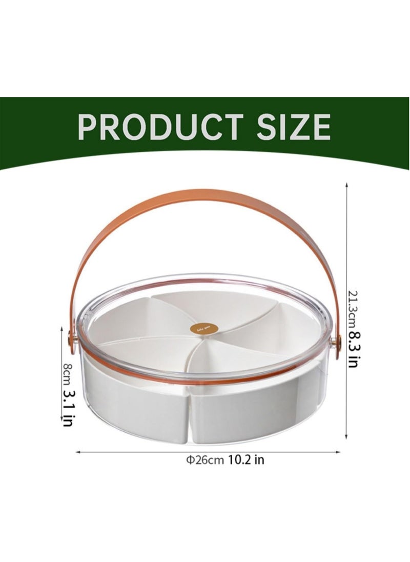 Clear Divided Serving Tray with Lid & Handle, Round Veggie Tray with 5 Compartments, Platter Food Storage Container Box for Candy Appetizer Snack Dried Fruit Nuts Vegetable (Round - White)