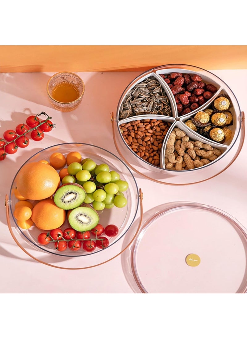 Clear Divided Serving Tray with Lid & Handle, Round Veggie Tray with 5 Compartments, Platter Food Storage Container Box for Candy Appetizer Snack Dried Fruit Nuts Vegetable (Round - White)