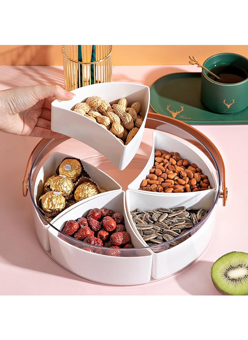 Clear Divided Serving Tray with Lid & Handle, Round Veggie Tray with 5 Compartments, Platter Food Storage Container Box for Candy Appetizer Snack Dried Fruit Nuts Vegetable (Round - White)