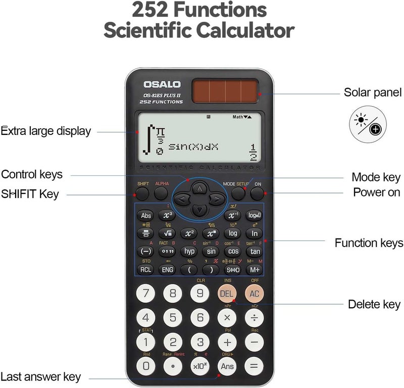 Scientific Calculator 252 Functions 2-line Display Solar Battery Powered for Secondary School (OS 82ES PLUS II) - Image 5