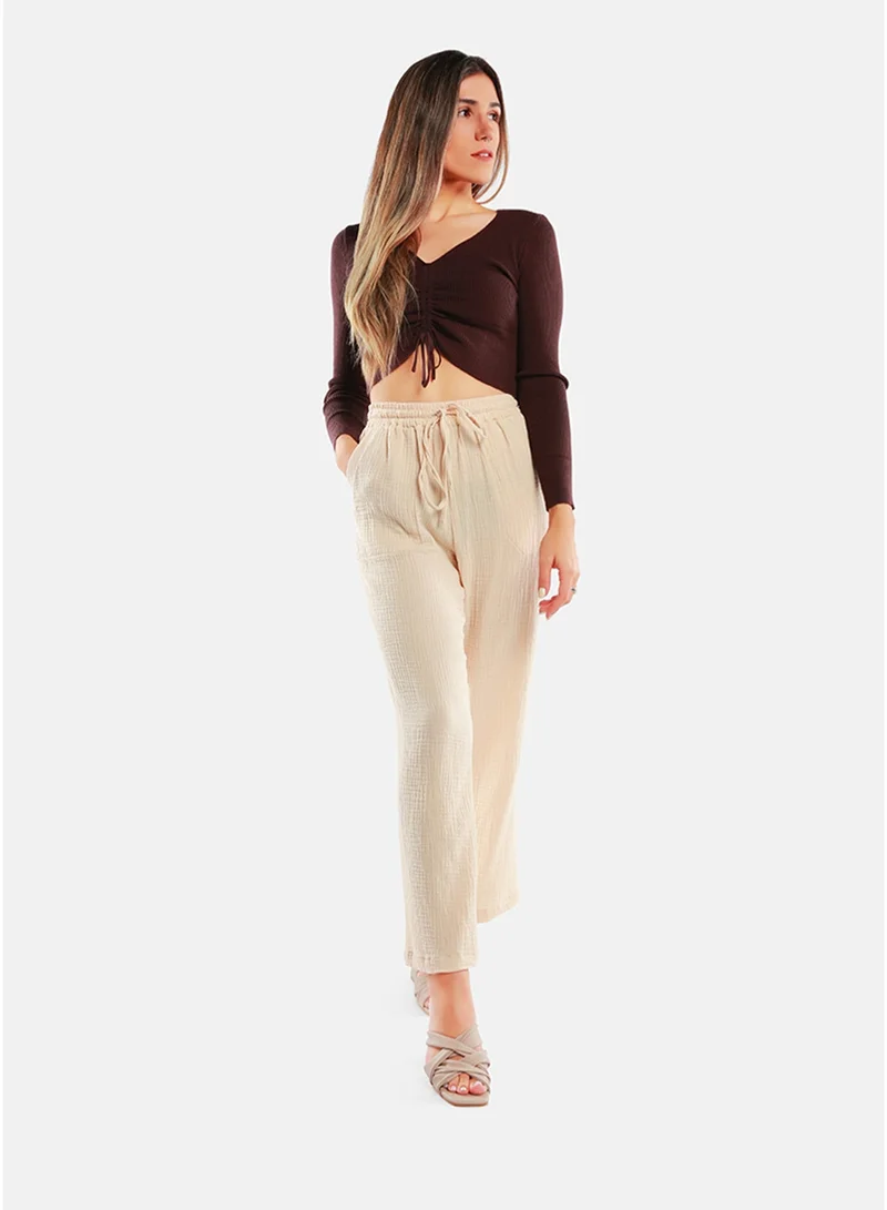 London Rag London Rag Latte Drawstring Casual Lounge Wide Pants