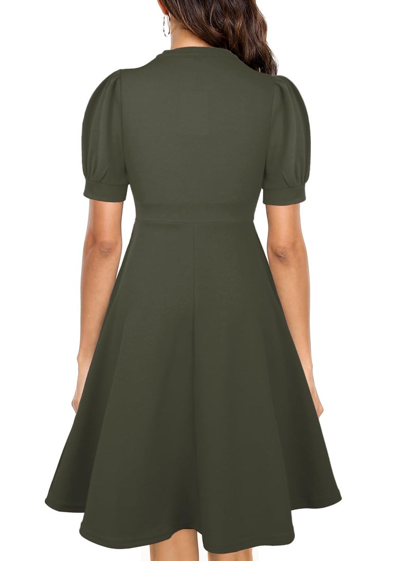 Mokayee Cocktail Dresses for Women 2025 Army Green V Neck Summer Short Sleeve Semi-Formal Church Office Business Casual Cute Interview Teacher Work Wedding Guest Dresses S - Image 2