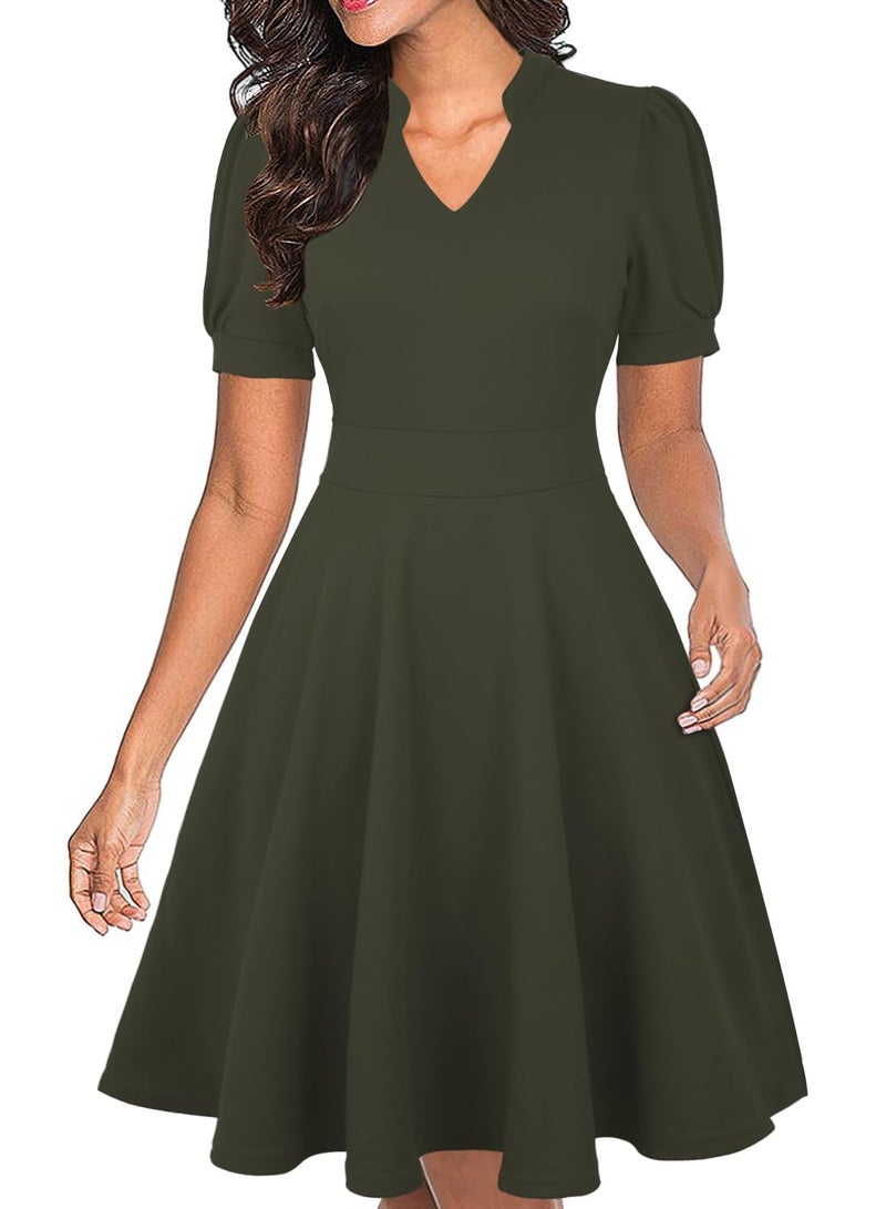 Mokayee Cocktail Dresses for Women 2025 Army Green V Neck Summer Short Sleeve Semi-Formal Church Office Business Casual Cute Interview Teacher Work Wedding Guest Dresses S - Image 4