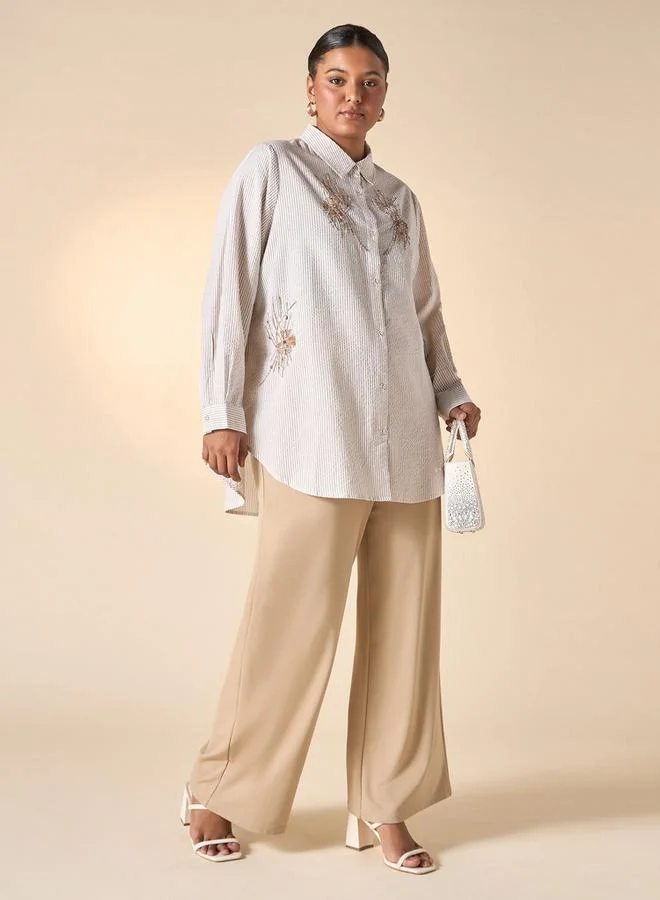 Ulla Popken Plus Size Ulla Popken Embellished Shirt with Long Sleeves