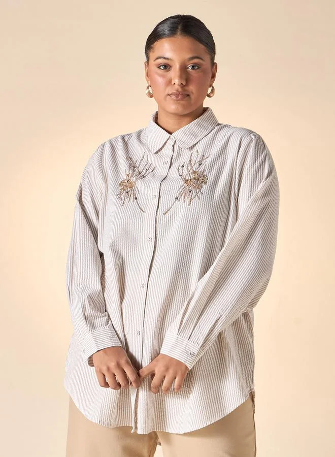 Ulla Popken Plus Size Ulla Popken Embellished Shirt with Long Sleeves