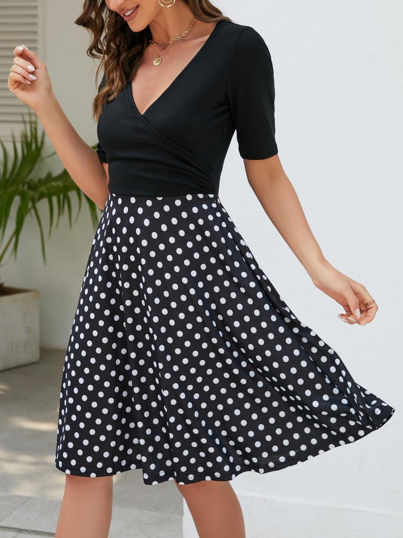 oxiuly Women's Chic Criss-Cross V-Neck Short Sleeve Polka Dot Casual Work Swing Summer Midi Dress OX233 (2XL, BK-dot 5) - Image 3