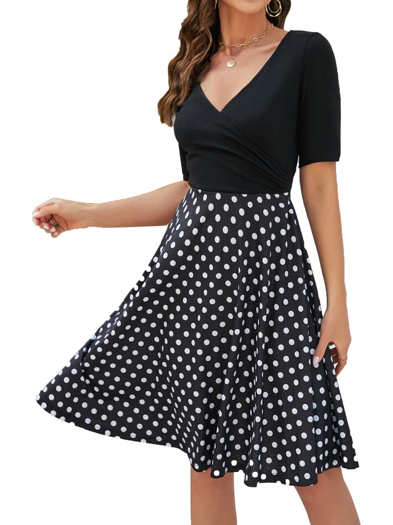 oxiuly Women's Chic Criss-Cross V-Neck Short Sleeve Polka Dot Casual Work Swing Summer Midi Dress OX233 (2XL, BK-dot 5) - Image 1