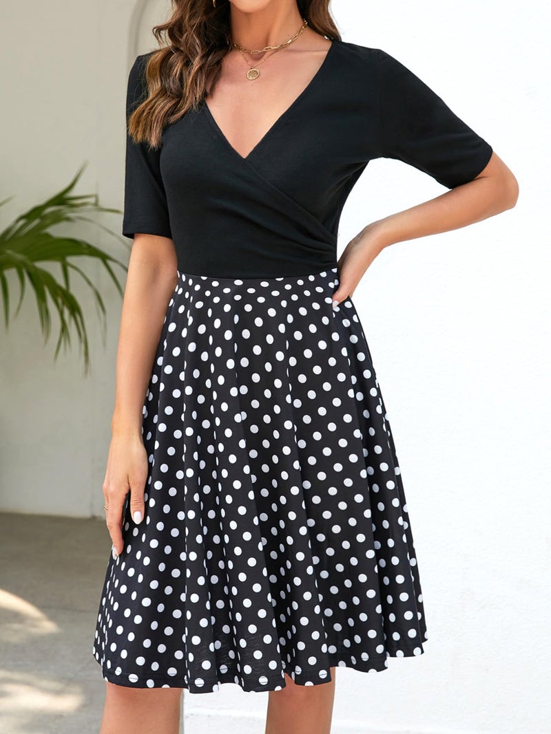 oxiuly Women's Chic Criss-Cross V-Neck Short Sleeve Polka Dot Casual Work Swing Summer Midi Dress OX233 (2XL, BK-dot 5) - Image 2