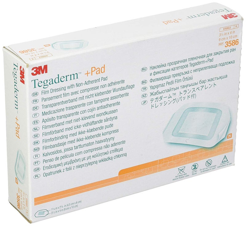 3M Tegaderm Pad Film Dressing with NonAdherent Pad Sterile Dressing With Waerproof Bacterial Barrier and Absorbent Pad 35 x 4 Box of 25