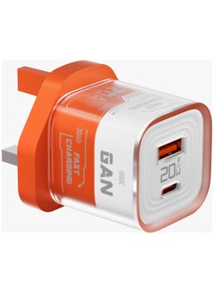 porodo Crystal Shell  GaN Wall Charger PD 20W Fast Charging UK Plug with 1.2M USB-C Cable / USB-A & USB-C Output / Transparent Design / Over-Heat Protection / Simultaneous Charging - Orange  - Image 1