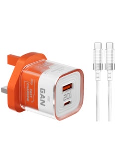 porodo Crystal Shell  GaN Wall Charger PD 20W Fast Charging UK Plug with 1.2M USB-C Cable / USB-A & USB-C Output / Transparent Design / Over-Heat Protection / Simultaneous Charging - Orange  - Image 3