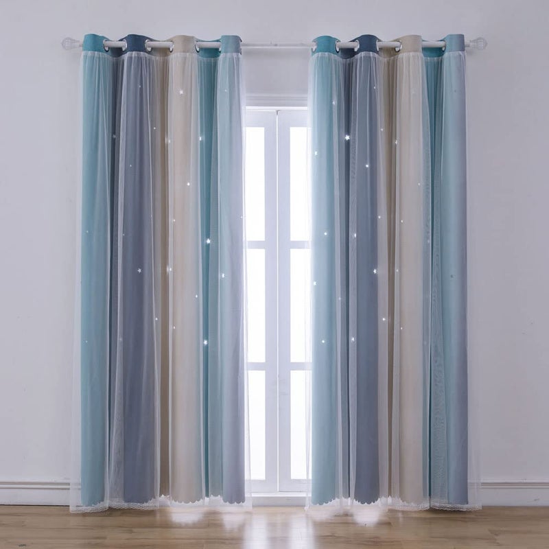 ZHUHAN Rainbow Ombre Star Cutouts Blackout Curtains for Girl Kid Nursery Bedroom and Living Room Decor Darken Double Layer Window Cute Grommet Soundproof Darpes Light (Yellow Blue 52W X 63L 2- Panels) - Image 5