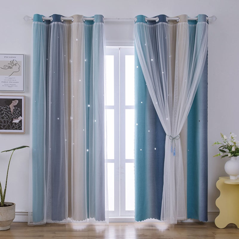 ZHUHAN Rainbow Ombre Star Cutouts Blackout Curtains for Girl Kid Nursery Bedroom and Living Room Decor Darken Double Layer Window Cute Grommet Soundproof Darpes Light (Yellow Blue 52W X 63L 2- Panels) - Image 1