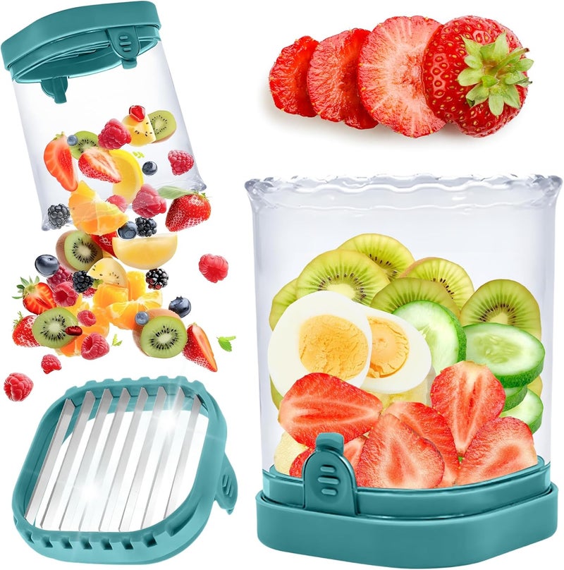 ANSOTHIN Strawberry Slicer Cup with Push Plate, Fruit Cutter Kitchen Gadget for Egg, Kiwi, Banana, Cucumber, Easy Fruit & Vegetable Slicer, Strawberry Cutter Tool for Quick Safe Cutting (Dark Blue) - Image 1