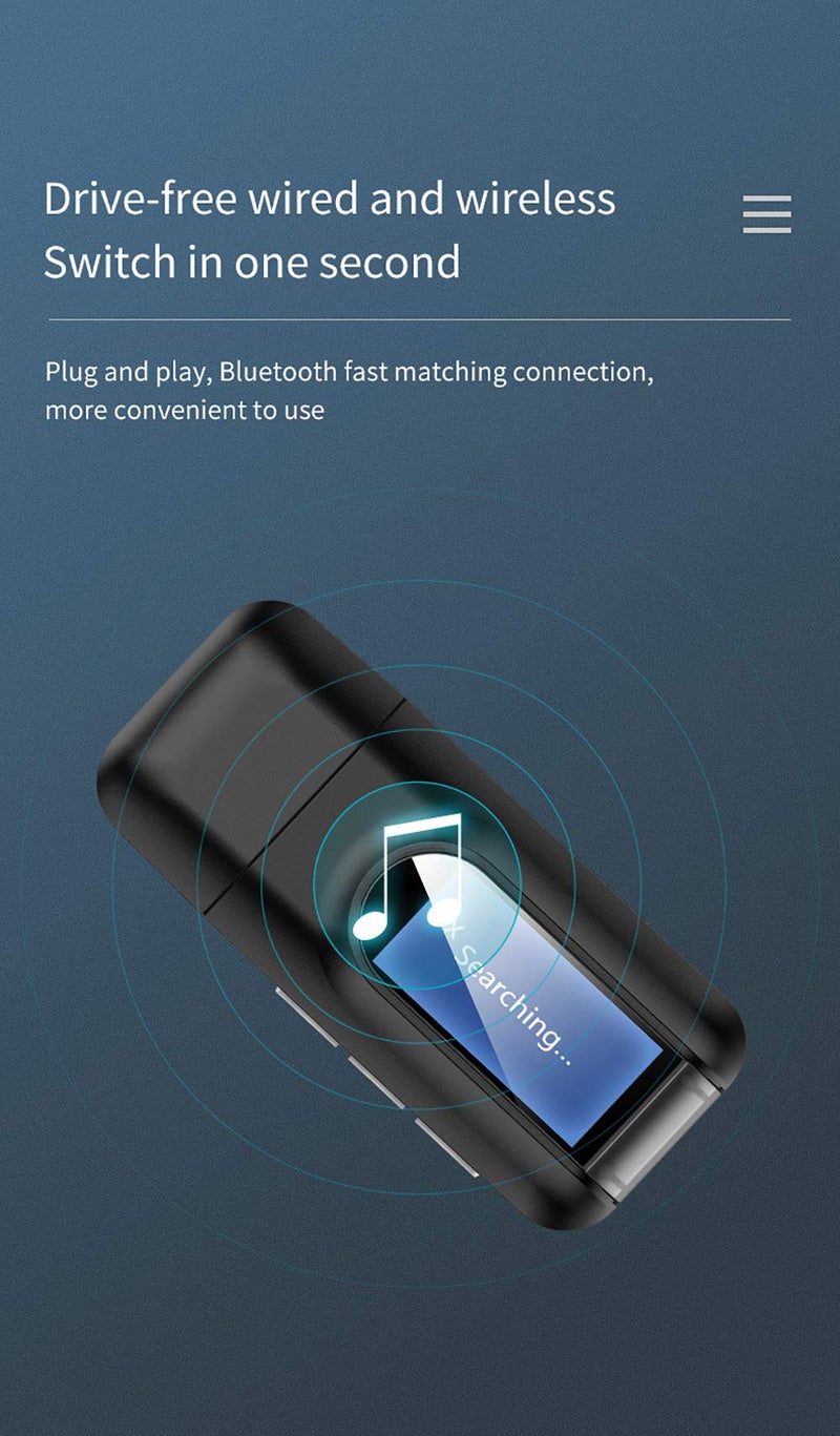 مُرسِل ومُستقبل بلوتوث USB 5.0 ثنائي الوظيفة مع شاشة LCD ومُواصِل ستيريو AUX 3.5 ملليمتر كمُحول لاسلكي لأجهزة الكمبيوتر والتلفزيون والسيارة وأطراف السماعات - Image 2