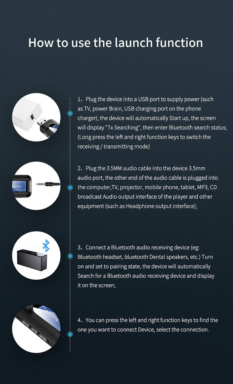 مُرسِل ومُستقبل بلوتوث USB 5.0 ثنائي الوظيفة مع شاشة LCD ومُواصِل ستيريو AUX 3.5 ملليمتر كمُحول لاسلكي لأجهزة الكمبيوتر والتلفزيون والسيارة وأطراف السماعات - Image 3