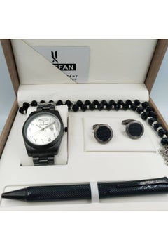 High-quality, elegant men's watch gift set with Arabic numerals, black strap, and a pearl dial with date display.