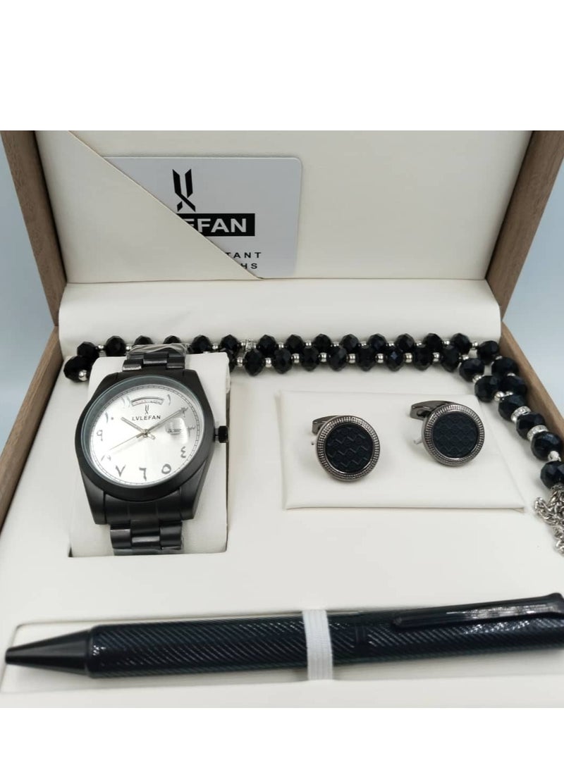 LV LEFAN - High-quality, elegant men's watch gift set with Arabic numerals, black strap, and a pearl dial with date display. - Image 1