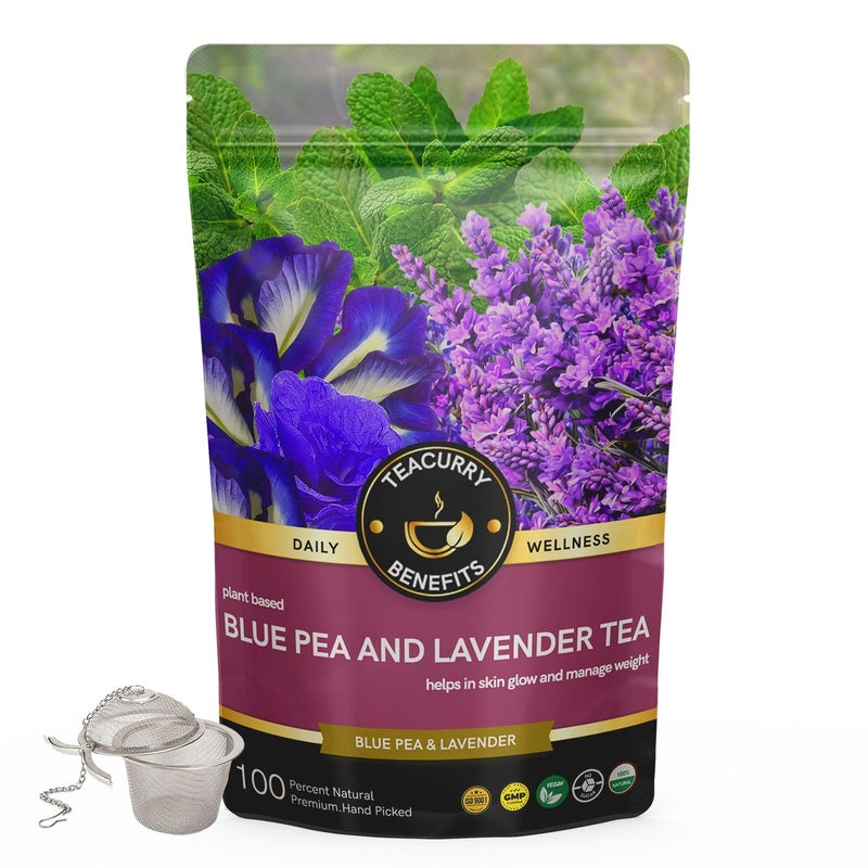 Teacurry Butterfly Pea Lavender Tea (50 Gram Loose with Infuser) - Enhances Sleep & Improves Skin Glow - Blue Purple Tea for Hair and Skin - Image 1