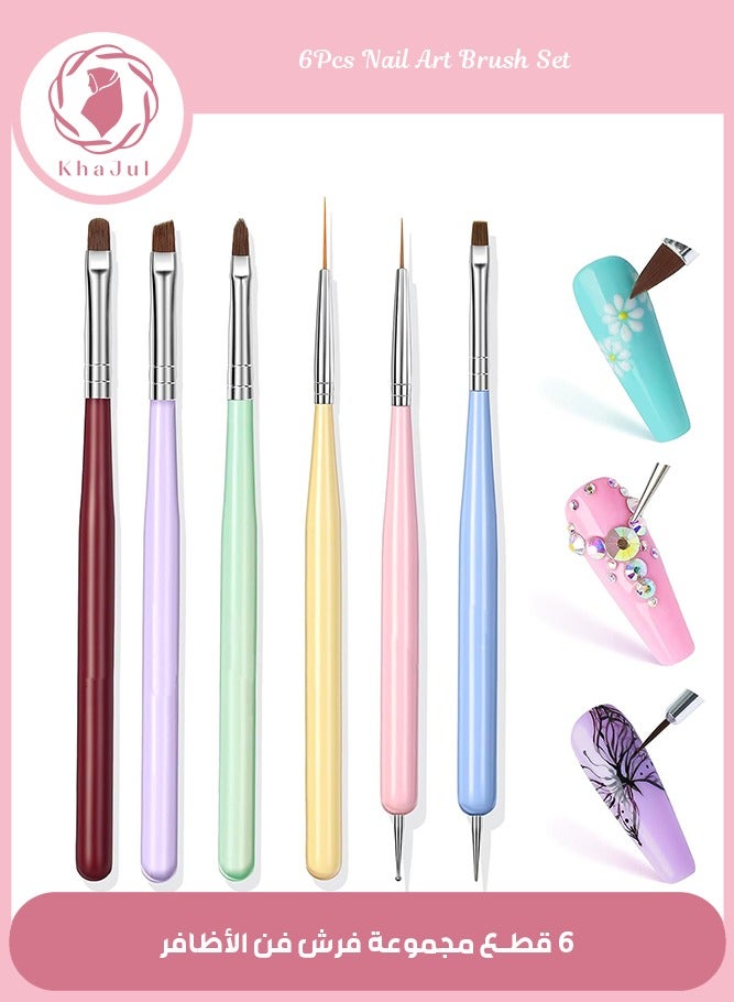 KHAJUL 6Pcs Nail Art Brush Set, Professional Salon Tools with Polish Gel Liner Dotting Pen, for Home DIY Manicure - Image 1