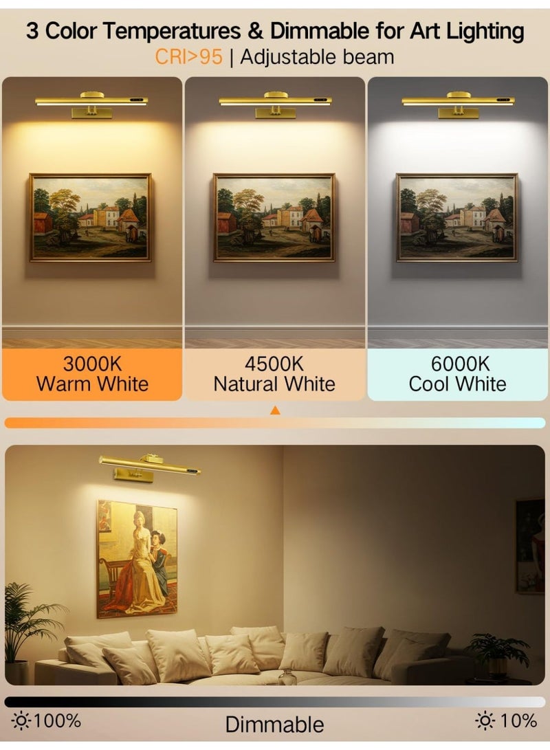 OUTON 2Pack Rechargeable Picture Light with Remote & Touch, Magnetic Battery Operated Art Light, 3-Color Dimmable, 4000mAh, Timer, Power Indicator, Wireless for Wall Paintings, Mirrors, Gallery – Gold - Image 2