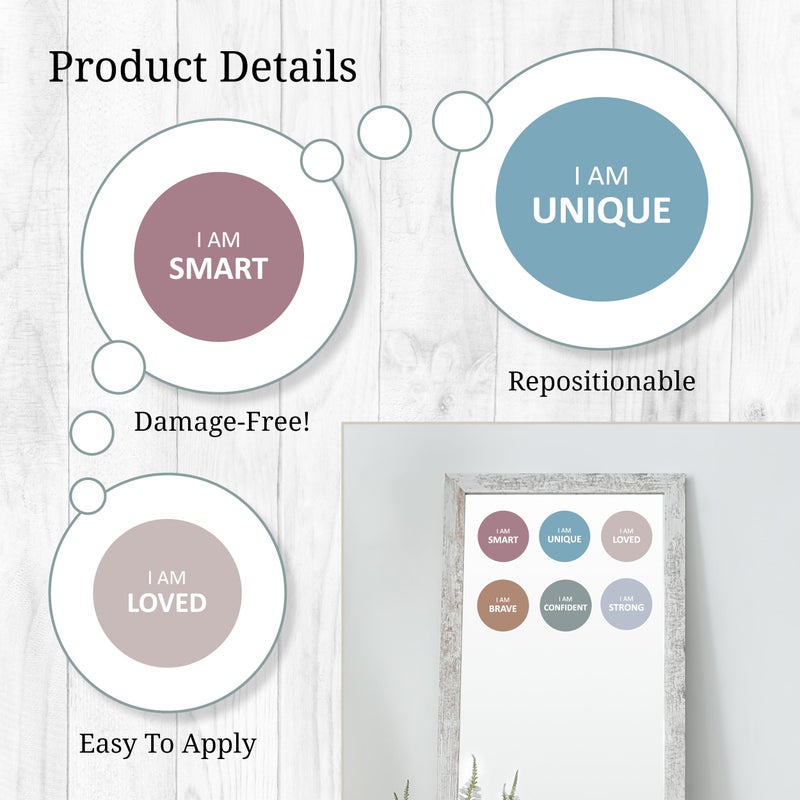 WALL PALZ Affirmation Mirror Decals - Set of 6 Colorful Vinyl Circle Dot Stickers I Am Smart  Unique  Loved  Brave  Confident - Bathroom Bedroom Dorm Apartment - Image 2