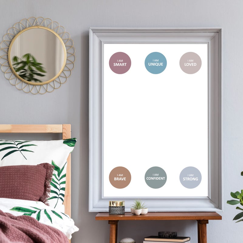 WALL PALZ Affirmation Mirror Decals - Set of 6 Colorful Vinyl Circle Dot Stickers I Am Smart  Unique  Loved  Brave  Confident - Bathroom Bedroom Dorm Apartment - Image 1