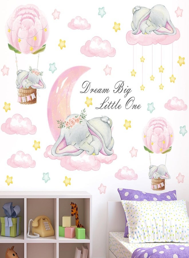 LiveGallery Removable 3D Cartoon Elephant Sleeping on the Moon and Cloud Wall Decor Sweet Dream Princess Little Girls Bedroom Wall Decal Hot Air Ballon Stars Wall Sticker for Baby Children Rooms Playroom Nursery - Image 4