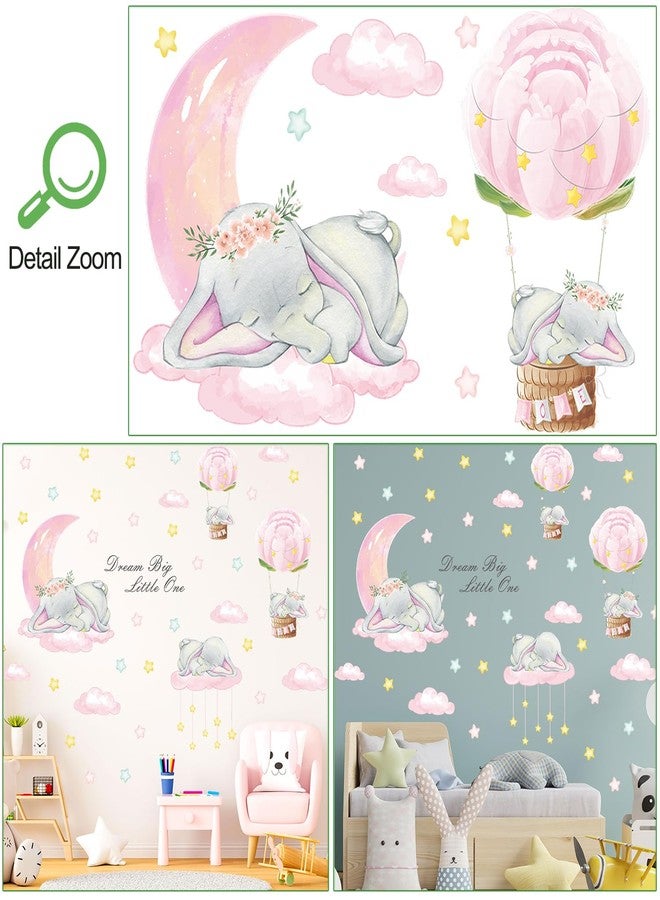 LiveGallery Removable 3D Cartoon Elephant Sleeping on the Moon and Cloud Wall Decor Sweet Dream Princess Little Girls Bedroom Wall Decal Hot Air Ballon Stars Wall Sticker for Baby Children Rooms Playroom Nursery - Image 3